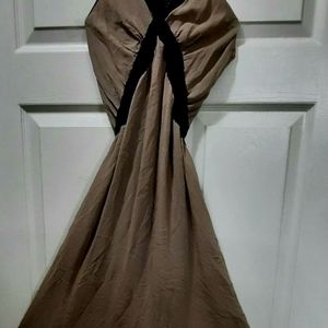 Max Studio taupe silk dress with black lace trim